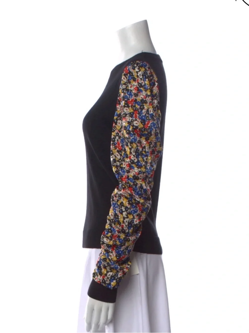 Veronica Beard Black Sweater with Multicolor Floral Puff Sleeves